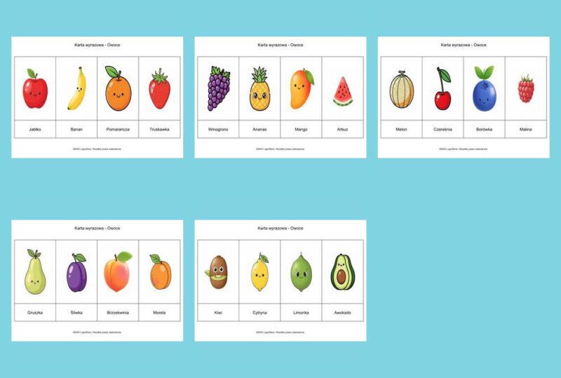Karty wyrazowe Owoce 9 7 2025 mozaika